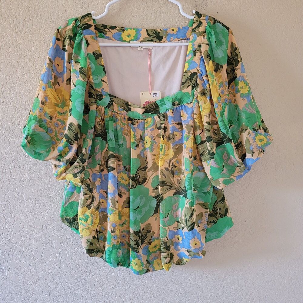 entro Floral Puff Sleeve Peasant Blouse in Green, Yellow, Blue